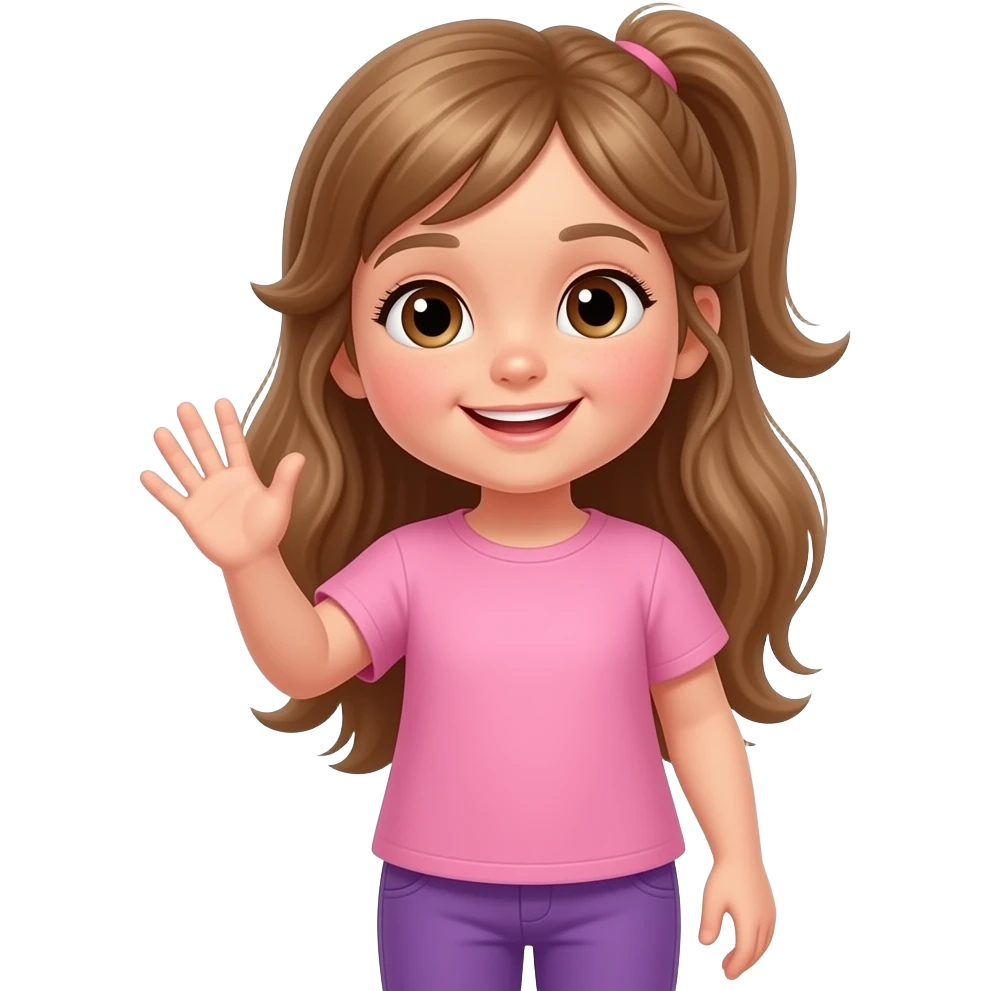 4 year old girl with long light brown hair in a half ponytail and brown eyes wearing a pink shirt and purple pants waving hello emoji