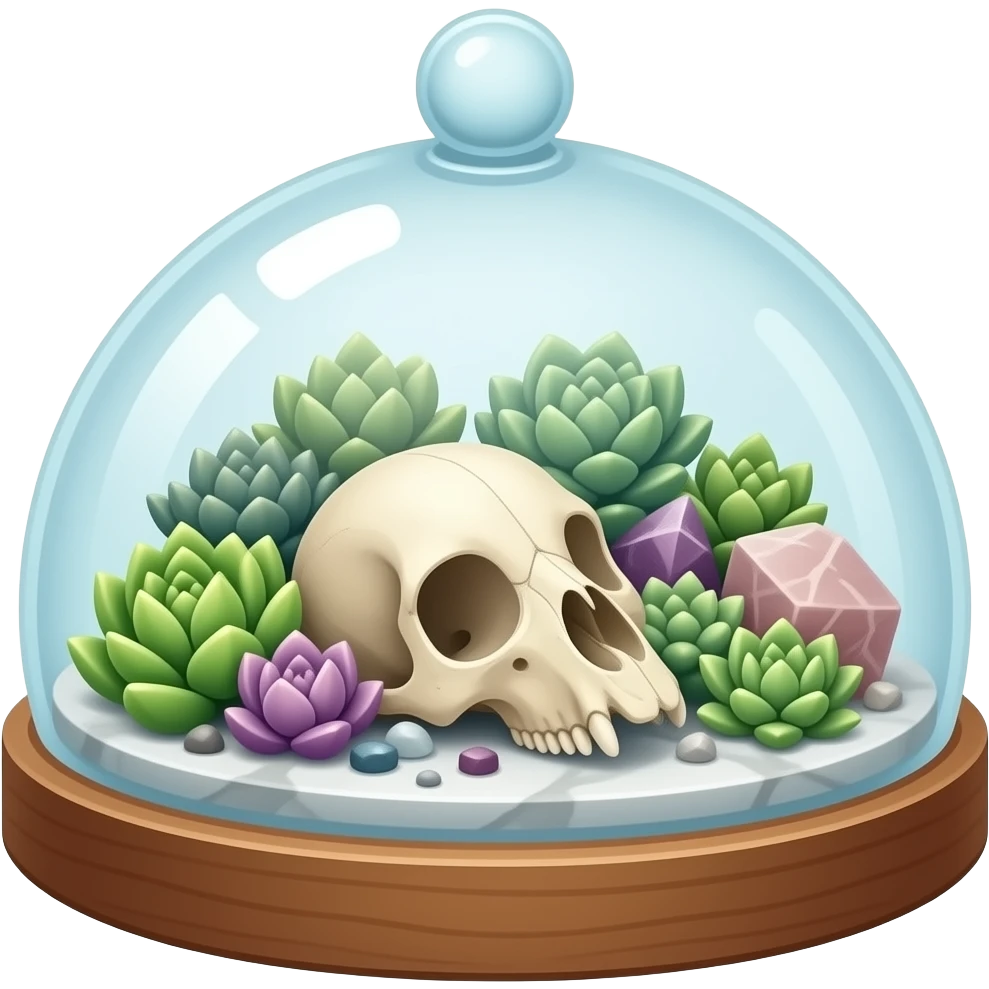 succulent dome-shaped terrarium with amethyst and rose quartz and marble cluster and animal skull inside emoji