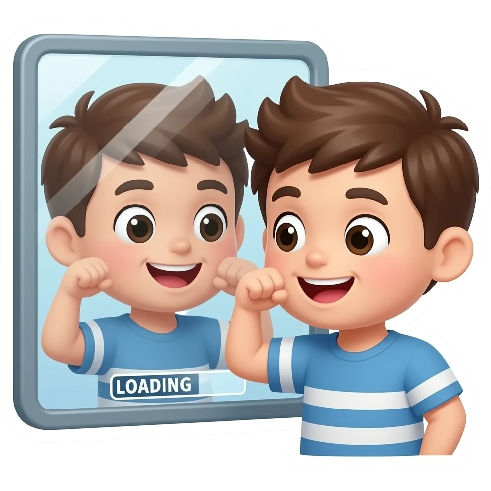 A cute sticker of a boy looking in the mirror checking tiny biceps, 'LOADING' bar text, funny expression, white border. emoji