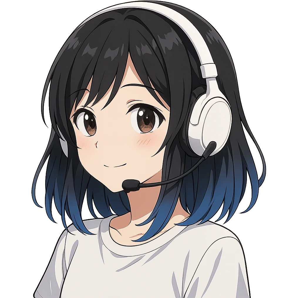 Create more variations of a girl with medium black hair with blue tips wearing a white headset, in anime style, with a transparent background. emoji
