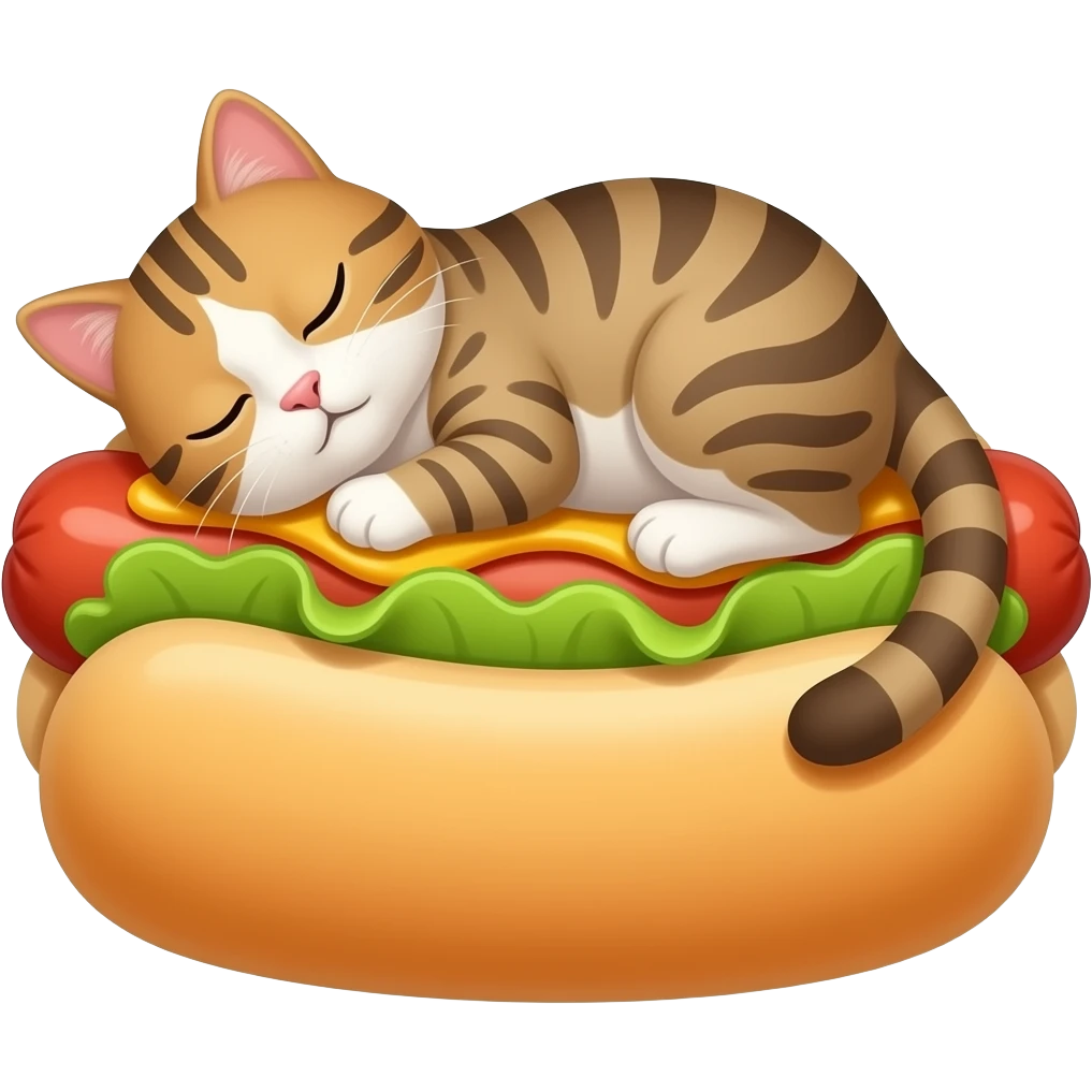 Cat sleeping on giant hot dog emoji