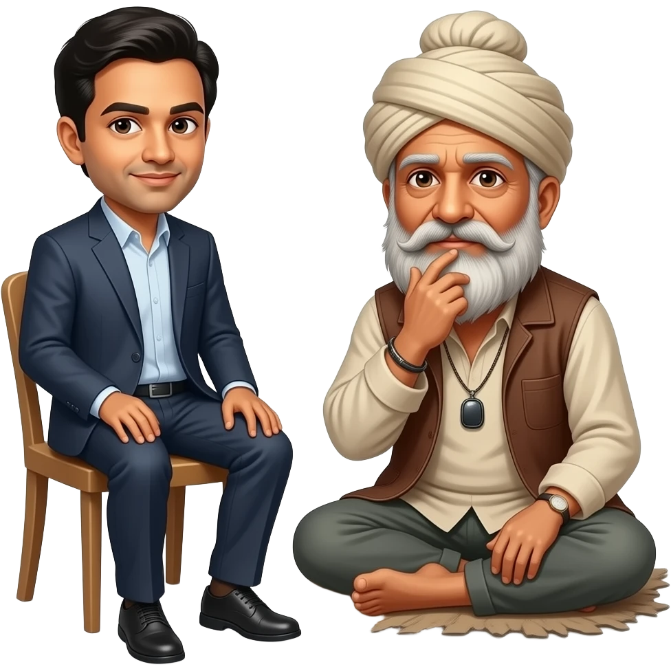 Make an emoji where Gaurav Goyal is sitting on a chair and Hemanta biswa Sharma is behaving like a mental and also dressed like a vikari Bhikari or mental emoji