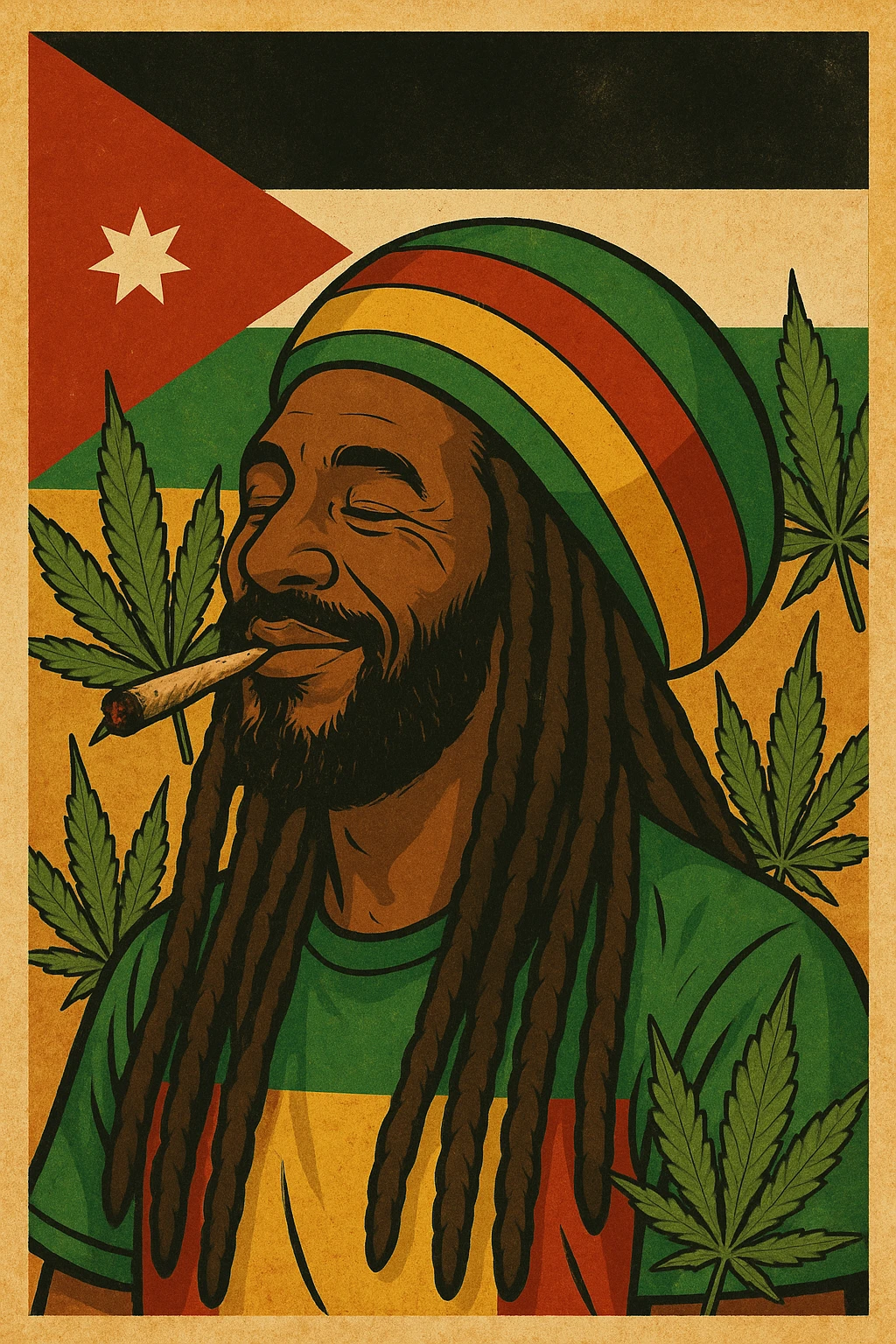 A digital vintage-style poster illustration of a Jordanian Rasta man with dreadlocks, wearing a red, yellow, green striped tam hat. He is smiling peacefully with a lit herbal spliff in his mouth. The background features the official Jordan flag — black, white, green horizontal stripes with a red triangle and a white 7-point star — accurately displayed behind him. Cannabis leaves are tastefully arranged around the composition, and the poster includes Rasta color textures blended with the Jordanian palette. Use a retro poster style with warm, slightly aged textures, bold outlines, and soft shading to evoke a soulful reggae vibe that honors both Jordanian pride and Rasta spirit. The mood is chill, powerful, and respectful emoji