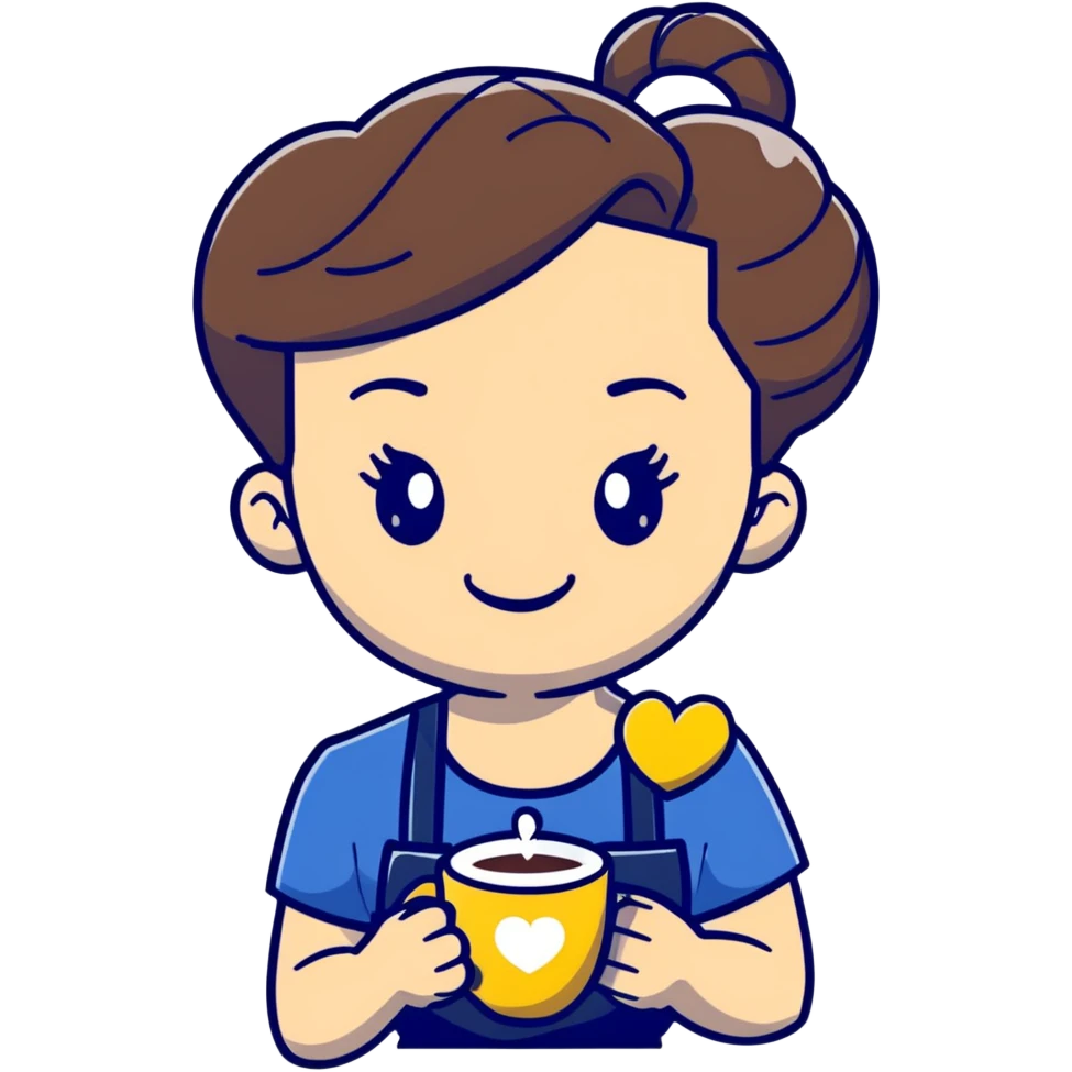 Cute brunette barista girl with hair in a bun wearing yellow shirt and dark blue apron, she's relaxed and making heart-shaped latte art, smiling at the coffee cup with a heart design in the foam emoji