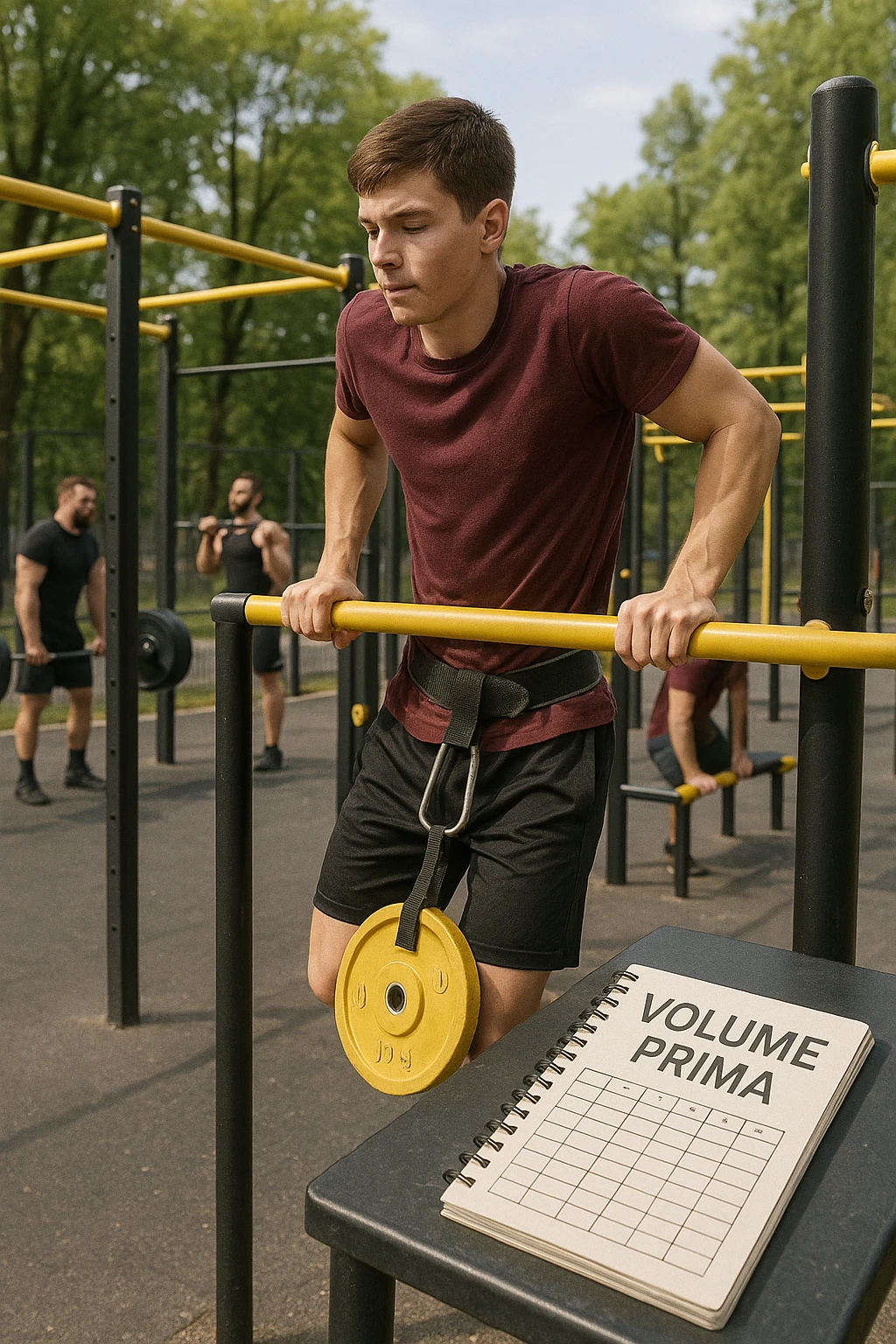 Atleta neofita giovane in un parco attrezzato per streetlifting, fisico ancora in fase iniziale. È intento a eseguire molte ripetizioni di esercizi a corpo libero con pesi leggeri (zavorra moderata), come trazioni e dip su parallele. Accanto a lui un taccuino di allenamento con la scritta 'Volume Prima'. L’atmosfera è luminosa e motivante, con altri atleti più muscolosi che sollevano carichi pesanti, ma lui è concentrato sul gesto tecnico e sulla costanza. Stile realistico, colori naturali, messaggio educativo su priorità all’adattamento progressivo e al volume. emoji