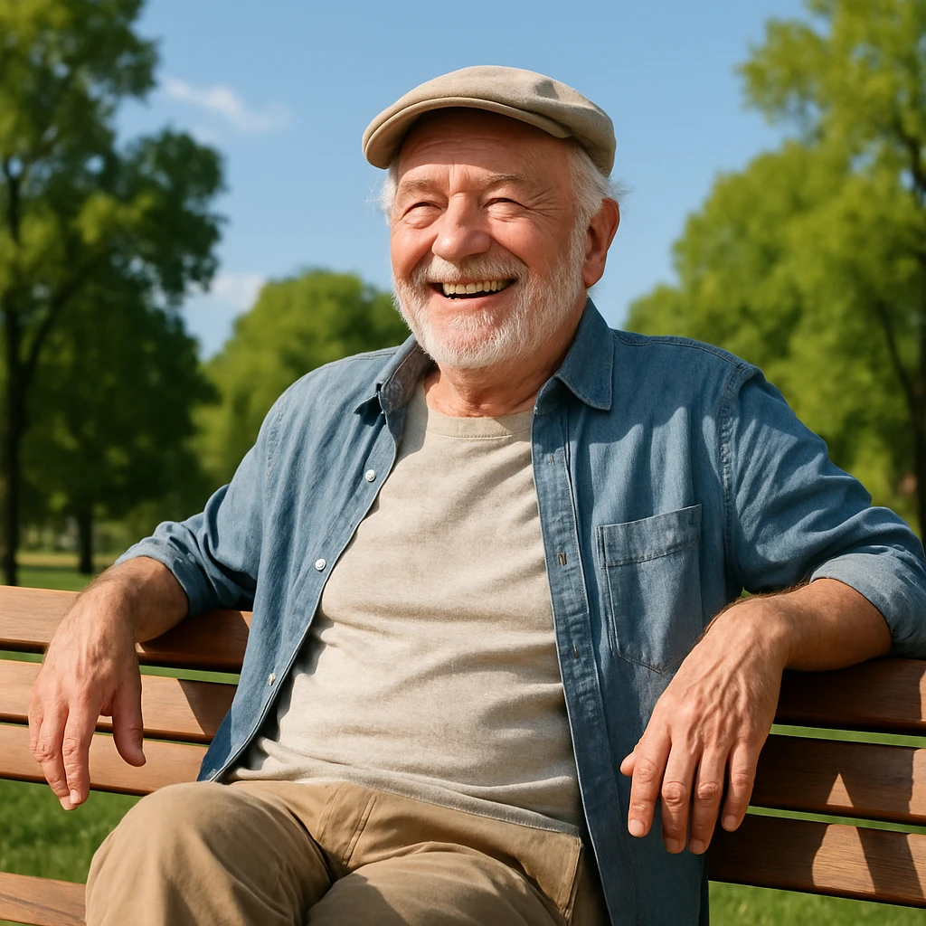 old man enjoying retirement, cheerful, casual clothes, sitting on a bench, outdoors, sunny day emoji