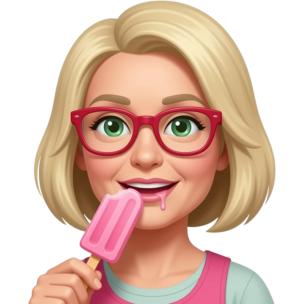 Lizanie loda przez starszą  kobietę i szczuplejszej  twarzy na patyku w kolorze różowym językiem włosy blond zielone oczy i okulary w kolorze czerwonym, kapiąca ślina emoji