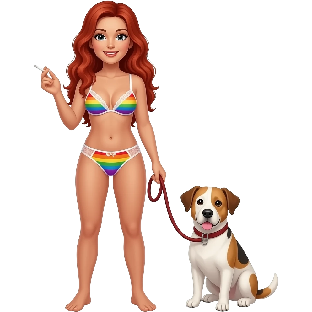 A full body image of A women standing with long red hair and wearing bru and underwear and there color 🏳️‍🌈 add a dog beside her and she is holding his leash And trying to make the dog smoke from her hand emoji