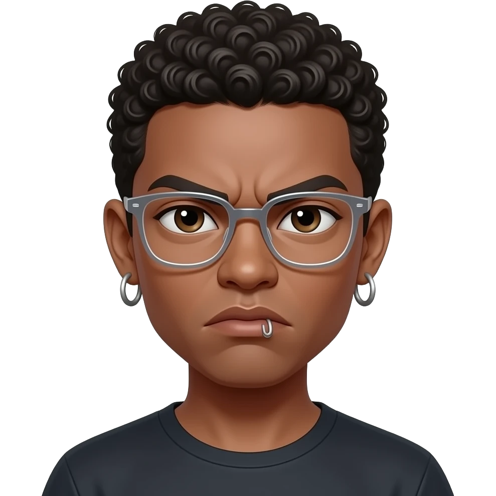 Apple memoji emoji, very short tight curls, clear glasses, hoop earrings, lip ring, frowning eyebrows, serious expression emoji