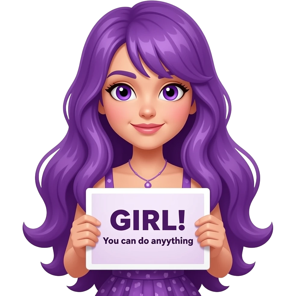 sexy girl with long purple hair and purple eyes wearing a dress holding a GIRL! You can do anyything sign emoji