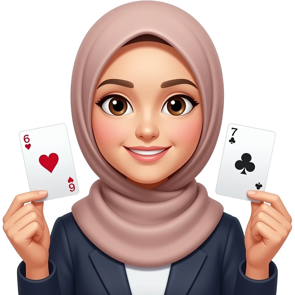 asian hijabi woman holding 6 in one hand and 7 in the other hand emoji