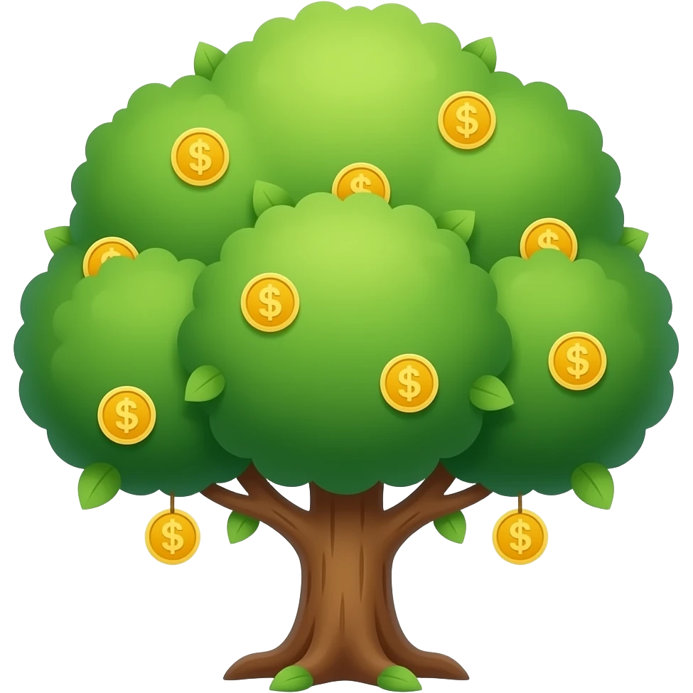 Apple-style money tree, round soft green canopy. No pot, no ground — only the tree. Small gold coins as fruits inside the leaves. Flat 2D vector, clean shapes, no gradients. Dark near-black background, premium fintech icon. emoji