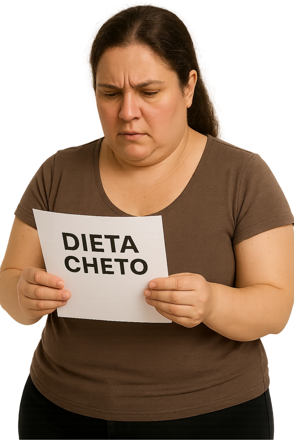 donna realistica leggermente in sovrappeso che legge un foglio con la scritta "dieta Cheto", sfondo bianco, iperrealistica 4k, IPERREALISTICA 4K emoji