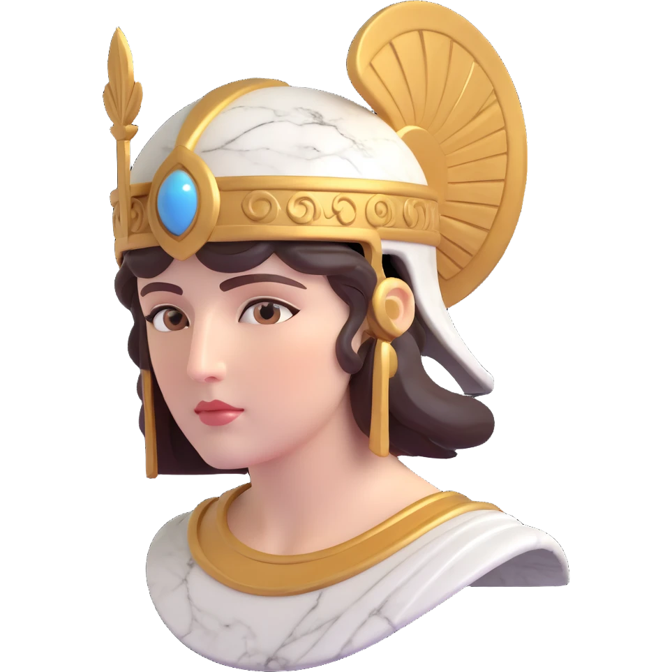 close-up 3D emoji of Athena's face, marble-like statue, helmet also marble, classical Greek goddess look emoji