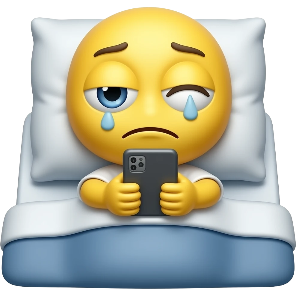Cute & funny good morning yellow emoji face that looks tired and has only one eye open and the other eye shut reading phone messages in bed emoji