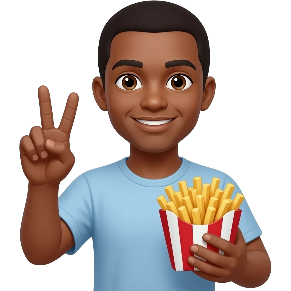 Darkskin face emoji holding up peace sign with fries emoji