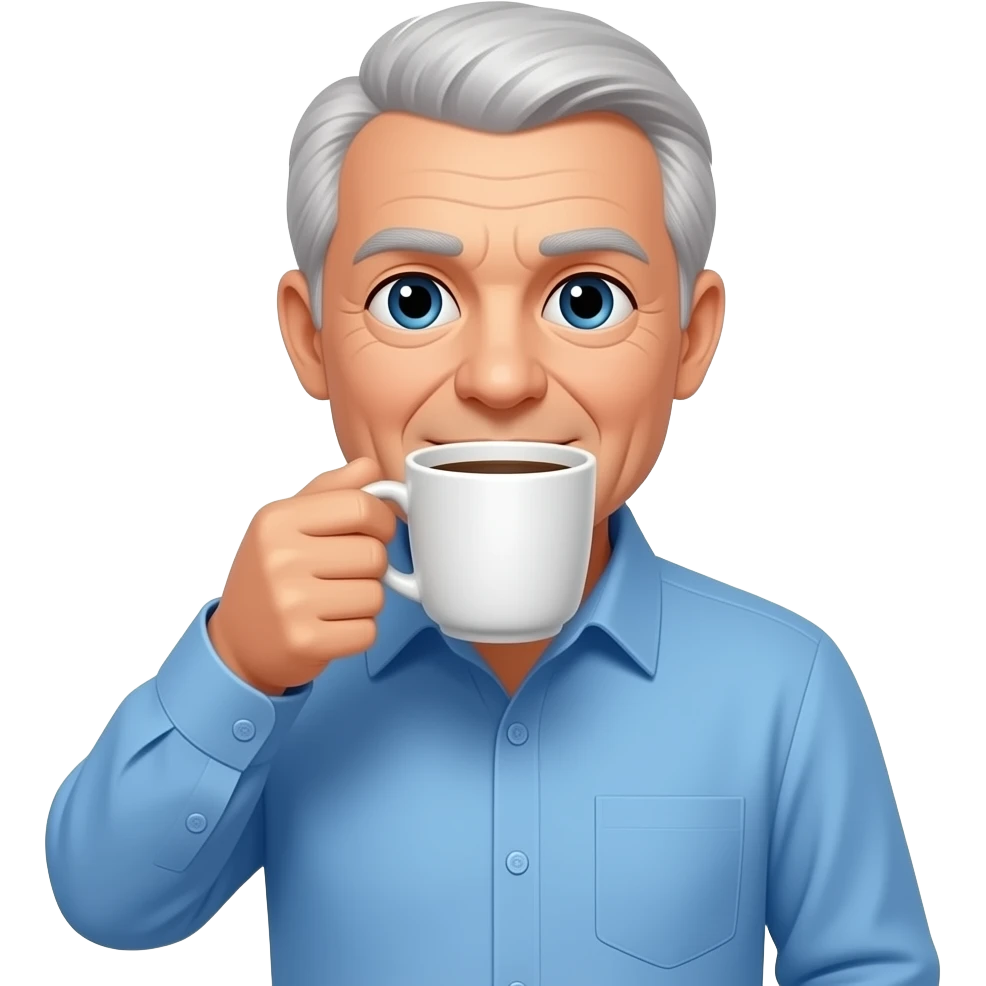 white man in his 60's wearing a blue button down shirt and smaller eyes drinking a cup of coffee emoji