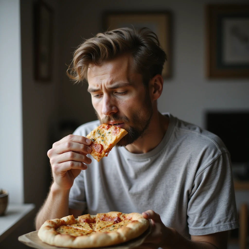 realistic 28-year-old man eating bread, pizza or pasta with a serene expression, domestic environment emoji