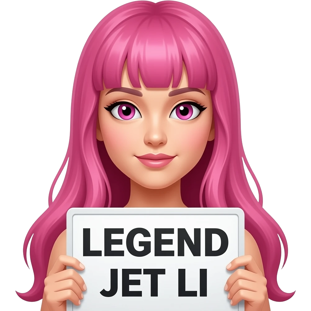 sexy girl with long pink hair and pink eyes holding LEGEND JET LI sign emoji
