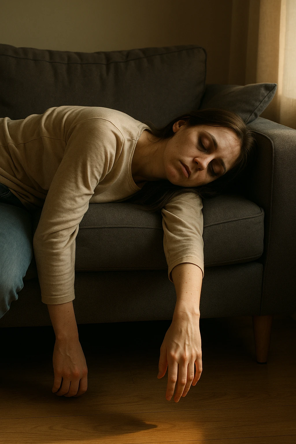 Empathetic photorealistic shot of a woman collapsed on a sofa, her body completely limp as if made of lead. One arm hangs off the edge, touching the floor. Her eyes are closed, face pale with dark circles. The afternoon light is warm but fails to energize the scene, emphasizing her profound exhaustion. emoji