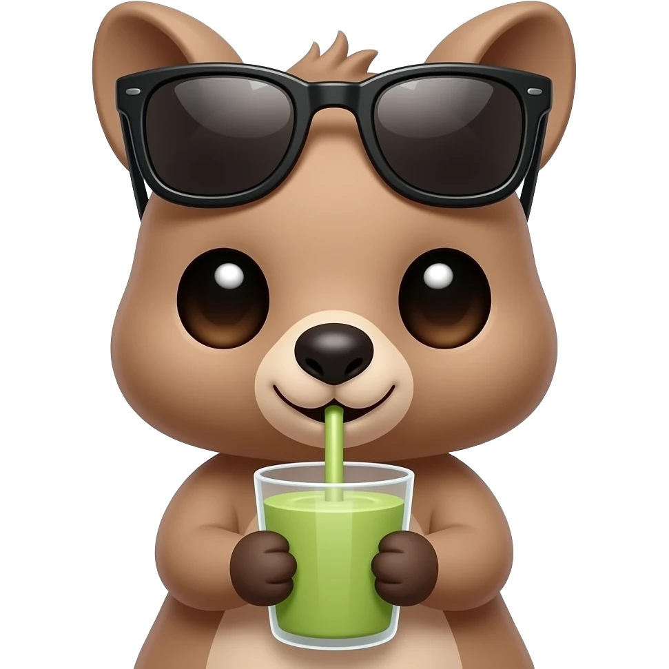Cute adorable quokka drinking a matcha latte with her little to hands. Show only the upper bodies of quokka, without legs. On her head, there are black sunglasses. Make sure that sunglasses are not on her eyes but on her hair. Her eyes are big and cute. emoji
