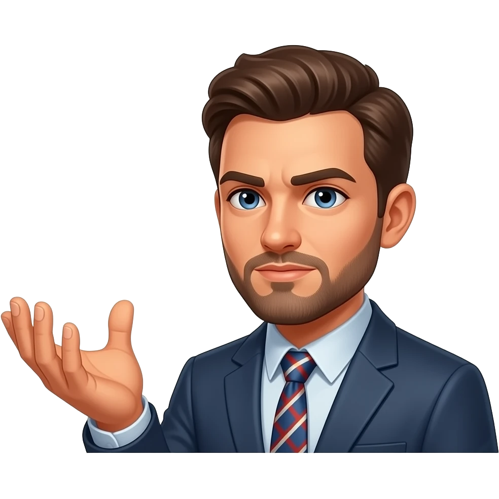 A informal man, hand with glowing magical flow holding a floating Facebook logo, looking at viewer with serious. Text below: 'Talk about what?'. Shimmering gold energy, flat vector style, sharp edges emoji