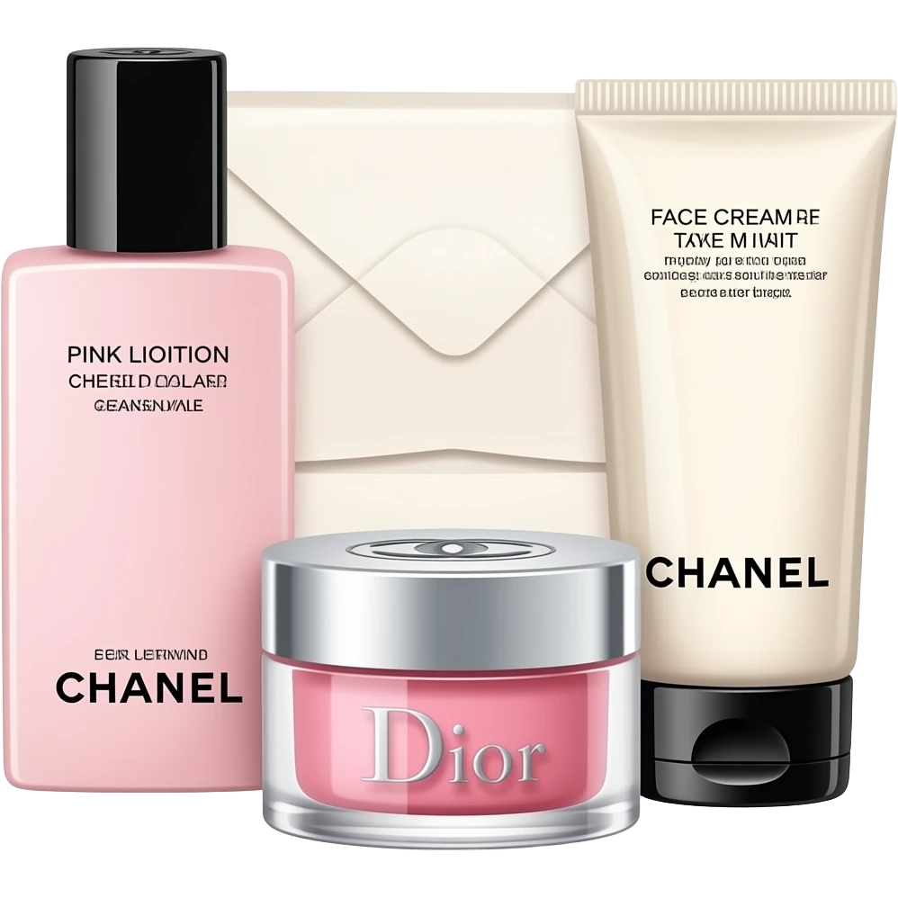 Chanel Pink Lotion, Dior Eye Cream, Dior Face Cream, and Chanel Cleansing Milk, along with a sheet mask, are neatly arranged—though the arrangement is a bit messy. emoji