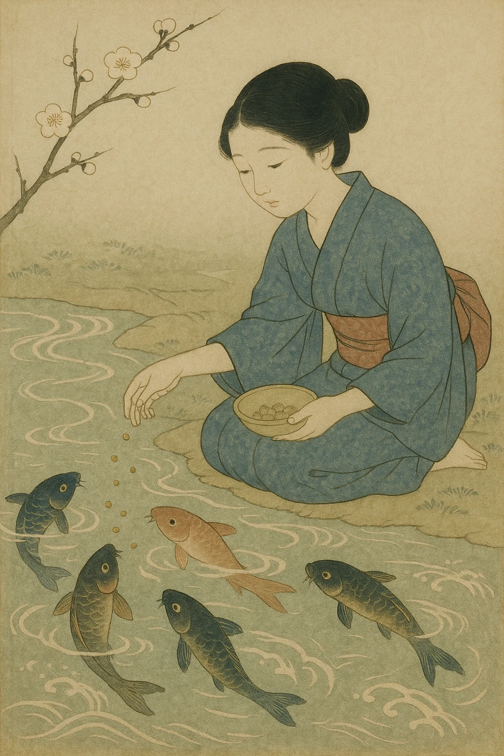 girl feeding koi fish in a pond emoji