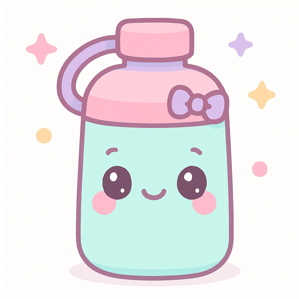 kawaii style water bottle with a happy face, blushing cheeks, and a tiny bow, pastel palette emoji