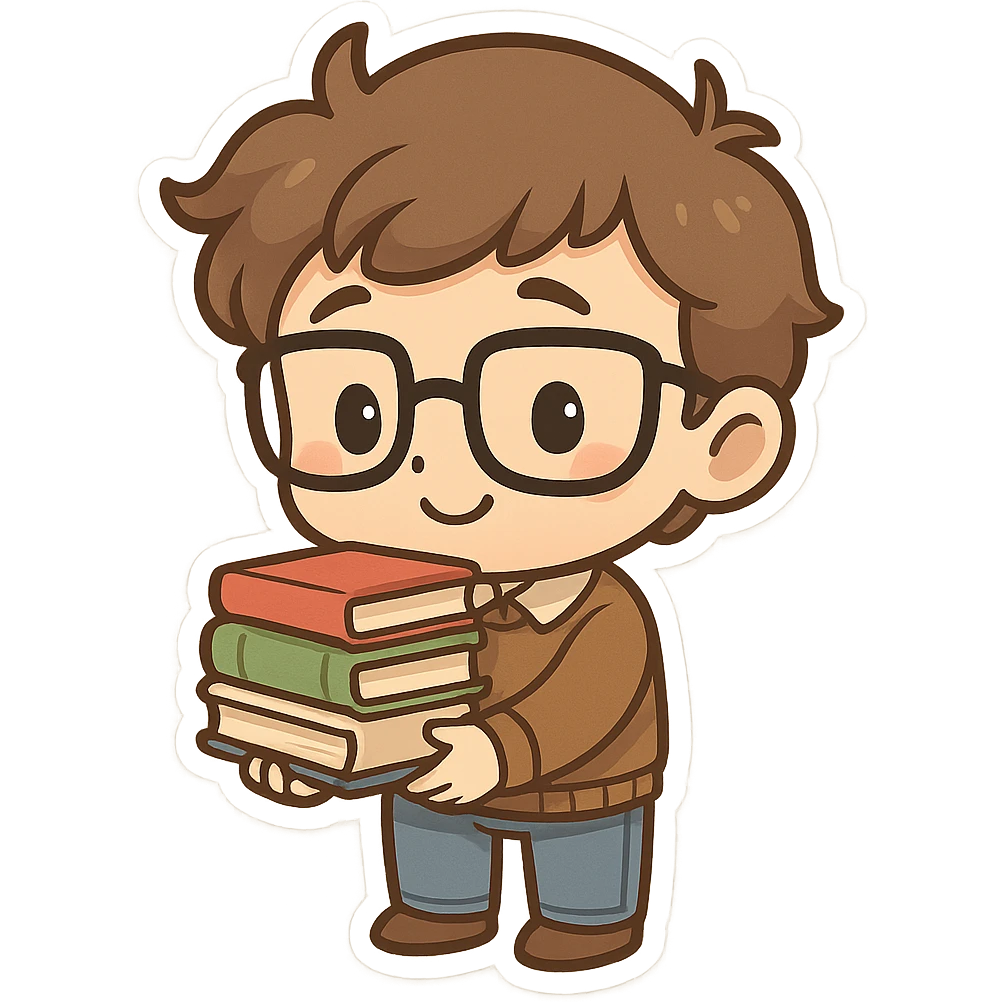 nerd with books, shy smile, cartoon style emoji
