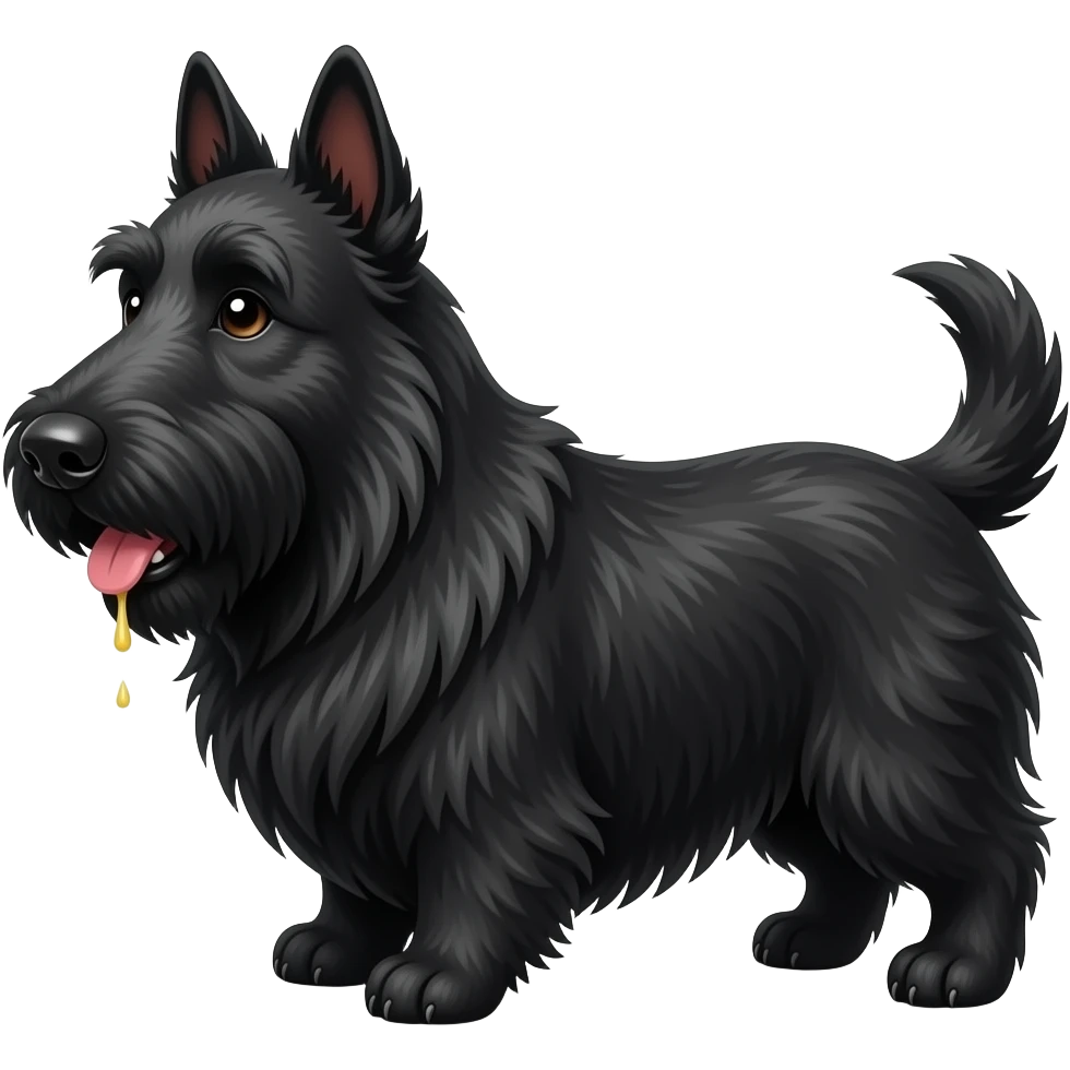 Black Scottie dog smiling in profile. small puddle of yellow urine on the floor under his hind paws, white background. emoji
