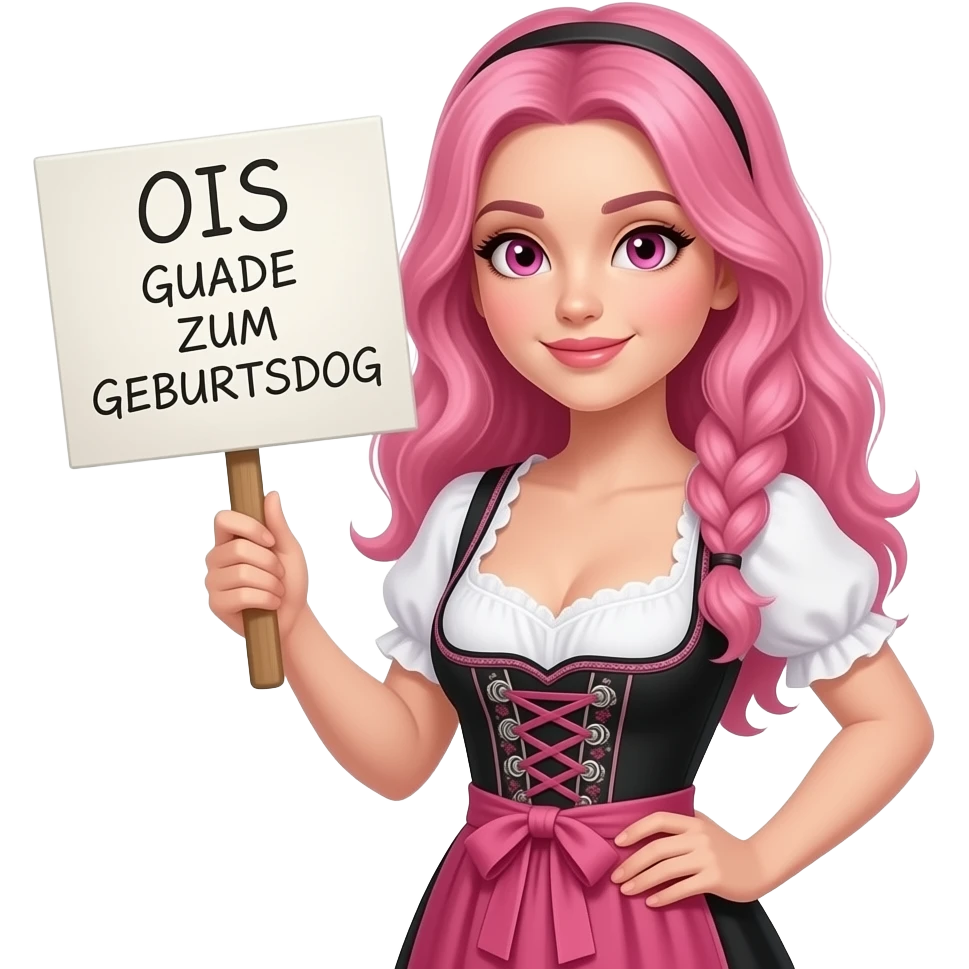 sexy girl with long pink hair and pink eyes wearing a dirndl holding a OIS GUADE ZUM GEBURTSDOG sign emoji