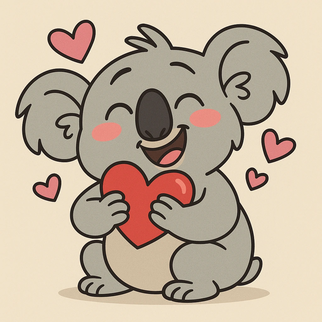 a cute koala in love, holding a heart, cartoon style emoji