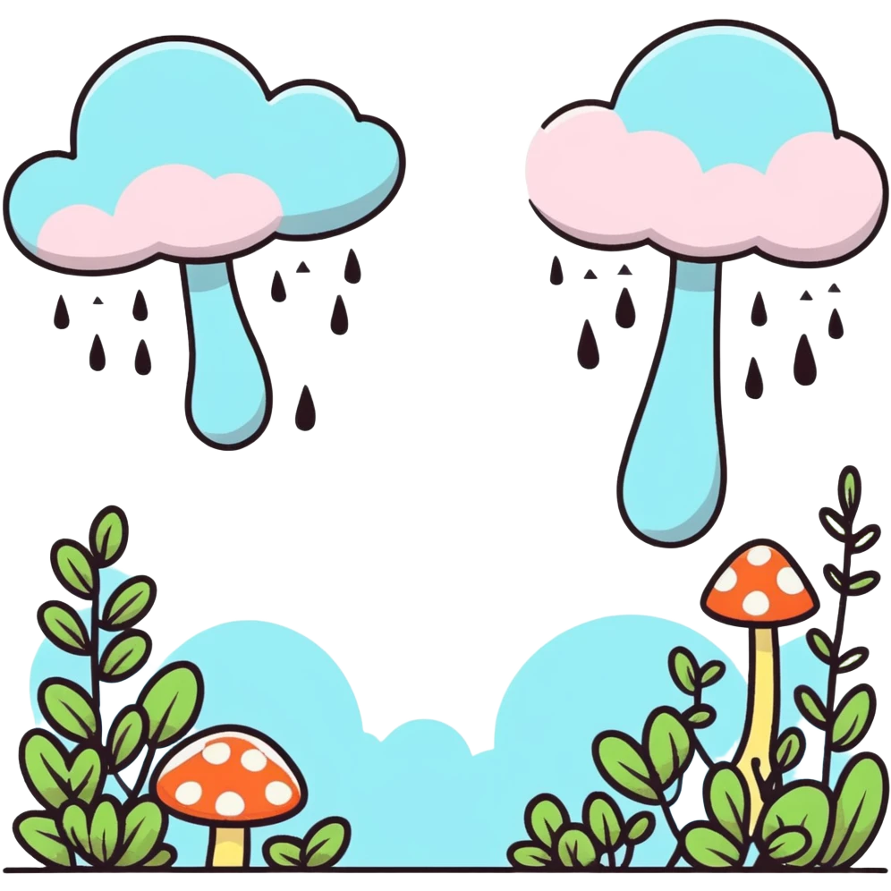 whimsical cloud raining tiny leaves and mushrooms, soft pastel colors emoji
