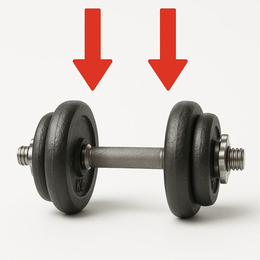 realistic weight (dumbbell or kettlebell) with red arrows pointing downwards to indicate overload, isolated on white background emoji