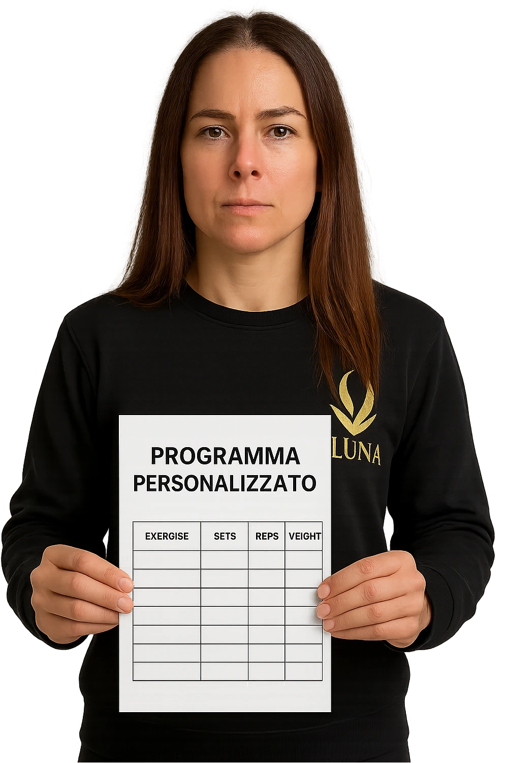 Donna con in mano Scheda di allenamento di palestra con scritto "Programma Personalizzato" emoji
