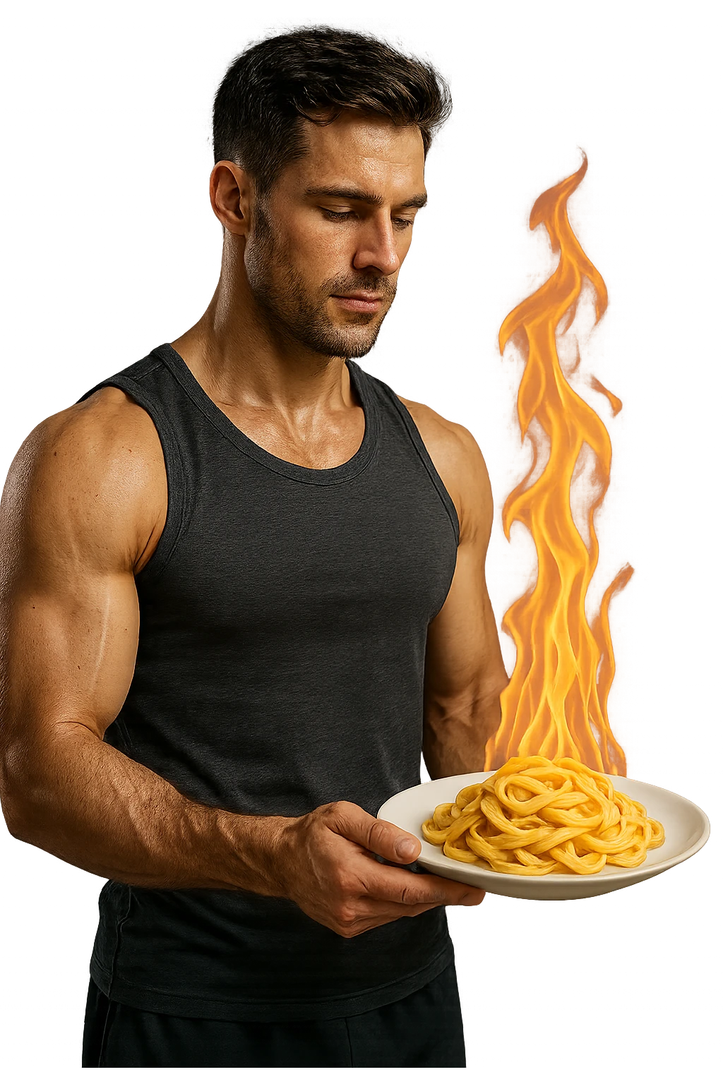 uomo fitness che tiene in mano un piatto di pasta con una fiamma sopra come se stesse simbolicamente bruciando le kcal della pasta, iperrealistico 4k emoji