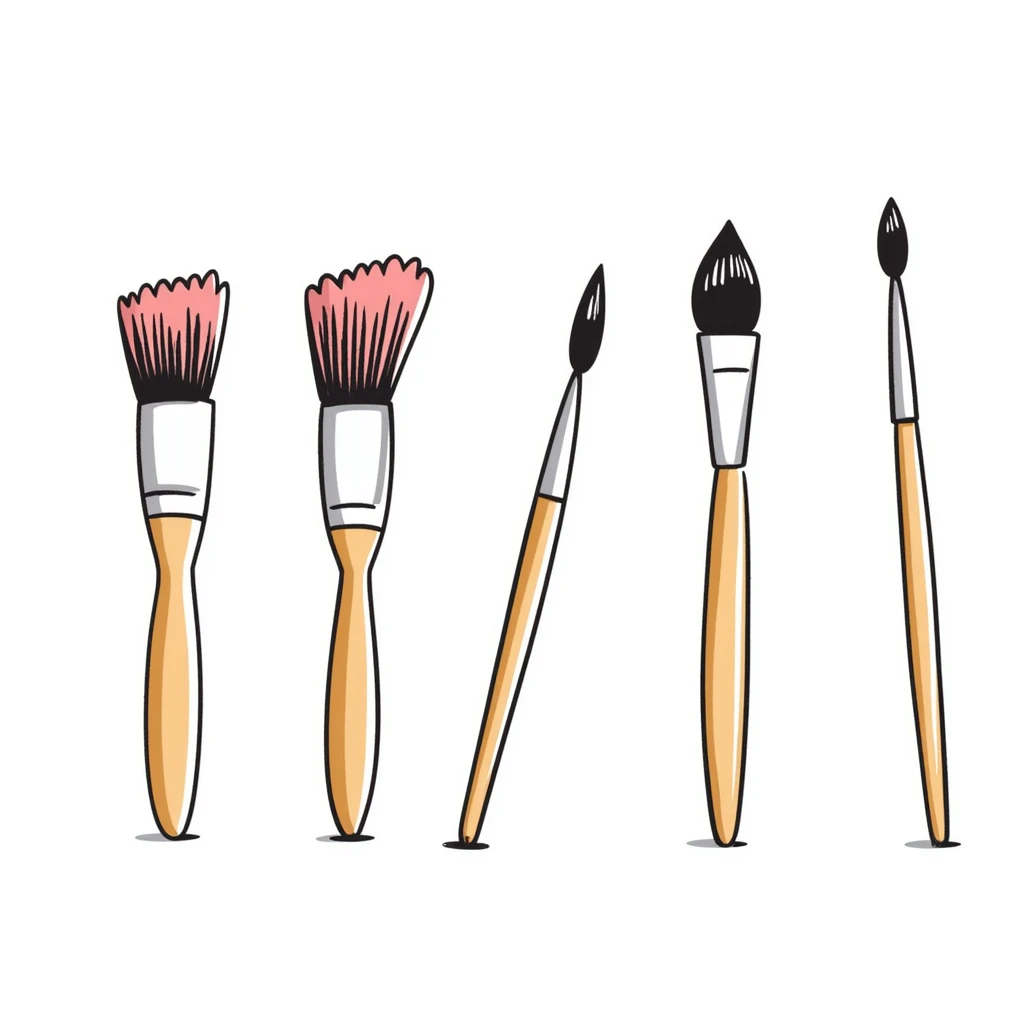 Set of artist paintbrushes in different sizes and shapes with wooden handles and colorful bristles. Using specific pastel colors (dd9fb0, ffc6d3, a3bfc9, c4bee2, f1b091). Hand-drawn doodle style with intricate details. Some brushes have paint on their tips. Transparent background. emoji