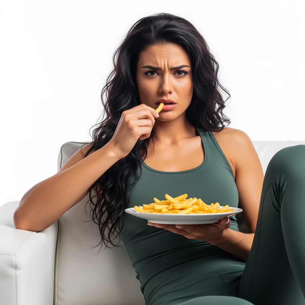 DONNA FITNESS ITALIANA STRESSATA CHE MANGIA PATATINE SUL DIVANO, IPERREALISTICA 4K, ISOLATA SU SFONDO BIANCO emoji