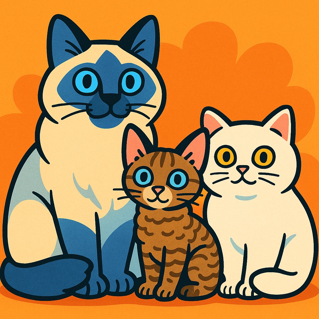 three cats together in a vibrant cartoon style, from left to right: a big male blue point Birman cat with blue eyes, a small female brown tabby Devon Rex cat with pale blue eyes, and a small female white British Shorthair cat with yellow eyes, all sitting close together emoji
