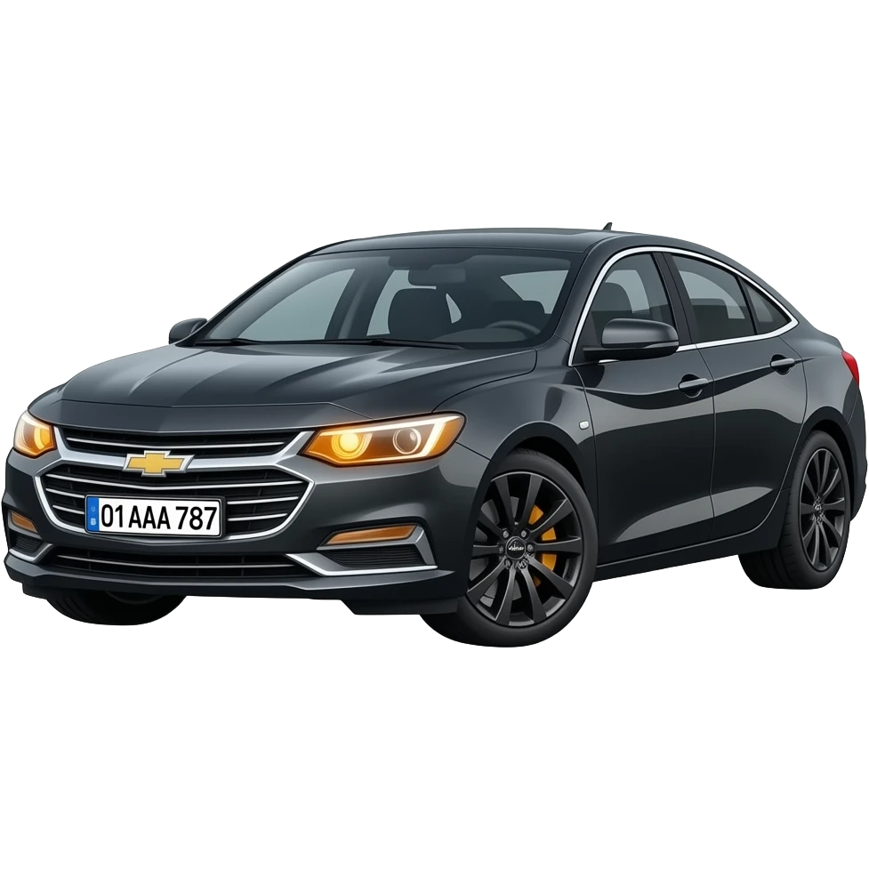 A realistic icon emoji of a metallic black sedan Chevrolet Malibu 2.0L Turbo Premier, front 3/4 view, dark charcoal tint windows, black alloy 5-spoke rims, Dynamic amber glow LED headlights with sharp laser-beam effect, uzbekistan flag region, number texts "🇺🇿 01 AAA 787" in plate emoji