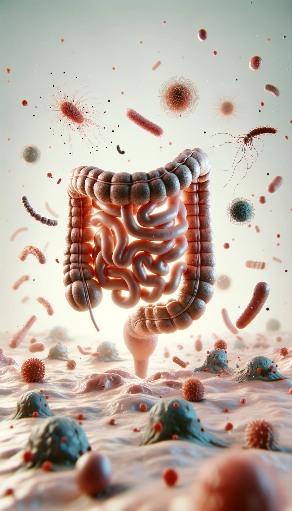 intestino umano anatomico con batteri e parassiti che gli fluttuano dietro, sfondo chiaro emoji