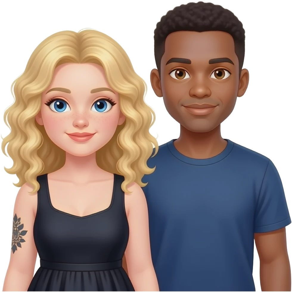 Plus size girl, Blonde curly hair, blue eyes, black tattoos on right lower arm, wearing no sleeve black summer dress saying & African American man with black hair, brown eyes, NO facial hair best friends emoji