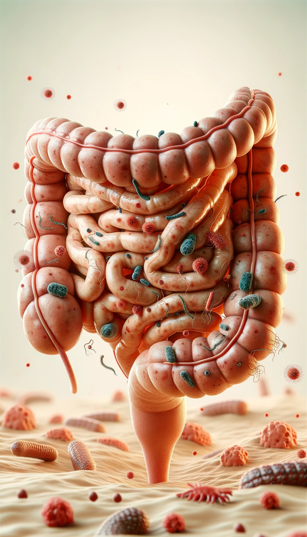 intestino umano anatomico con batteri e parassiti che gli fluttuano dietro, sfondo beige molto chiaro, iperrealistico 4k emoji