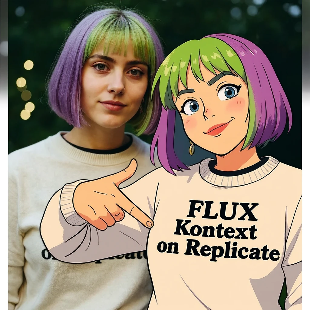 make a image of a girl with a anime version of that girl beside her wearing tshirt with text of FLUX Kontext emoji