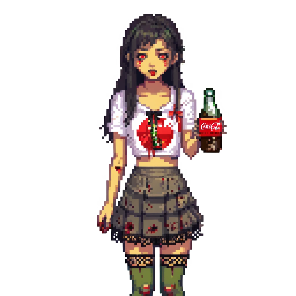 Generate an Asian girl, dark-haired, she's a zombie, wearing a skirt with lace, slightly torn,

Holding a bottle of Coca-Cola in her hands.

Background - a dark street in the style of Gotham City. emoji
