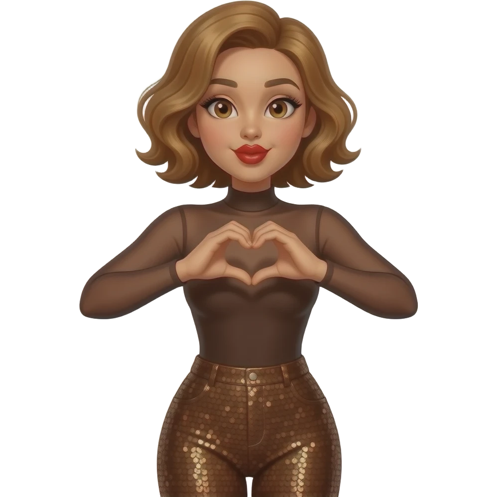 glamours,-tanned,-very-beautiful-woman-with-big-plump-red-lips,-long-lashes,-honey-silky-very short- hair,-wavy-hair,-hazel-eyes-that-are-smiling-wearing-Chocolate-brown-sheer-Long-sleeved-bodysuit-Brown-sequinned-pants-Her-eyes-sparkle-mouth-blowing-kiss-hands-up-making-a-heart-symbol- emoji