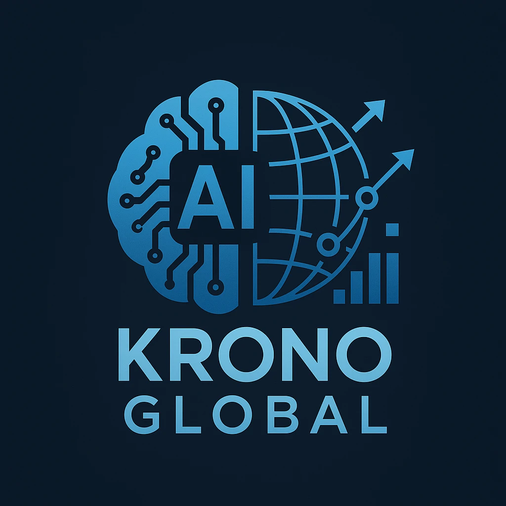 Logo concept combining artificial intelligence (AI), Krono Global branding, international business, and marketing. Modern, tech-inspired style with a global/world element and digital marketing motifs, sleek and professional. emoji