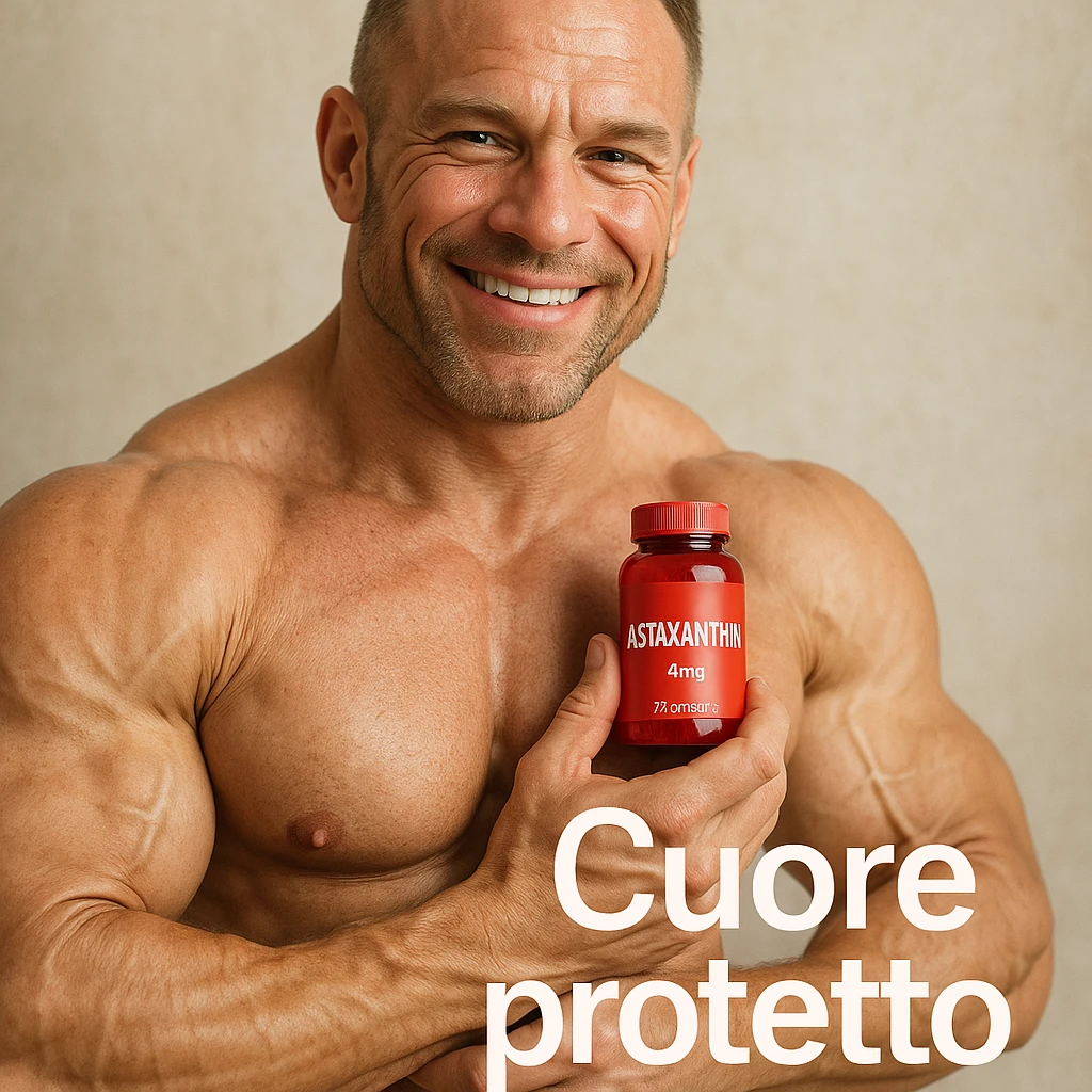 hyper realistic bodybuilder holding red bottle of astaxanthin near heart, well visible muscles, text 'Cuore protetto', positive atmosphere, realistic details emoji