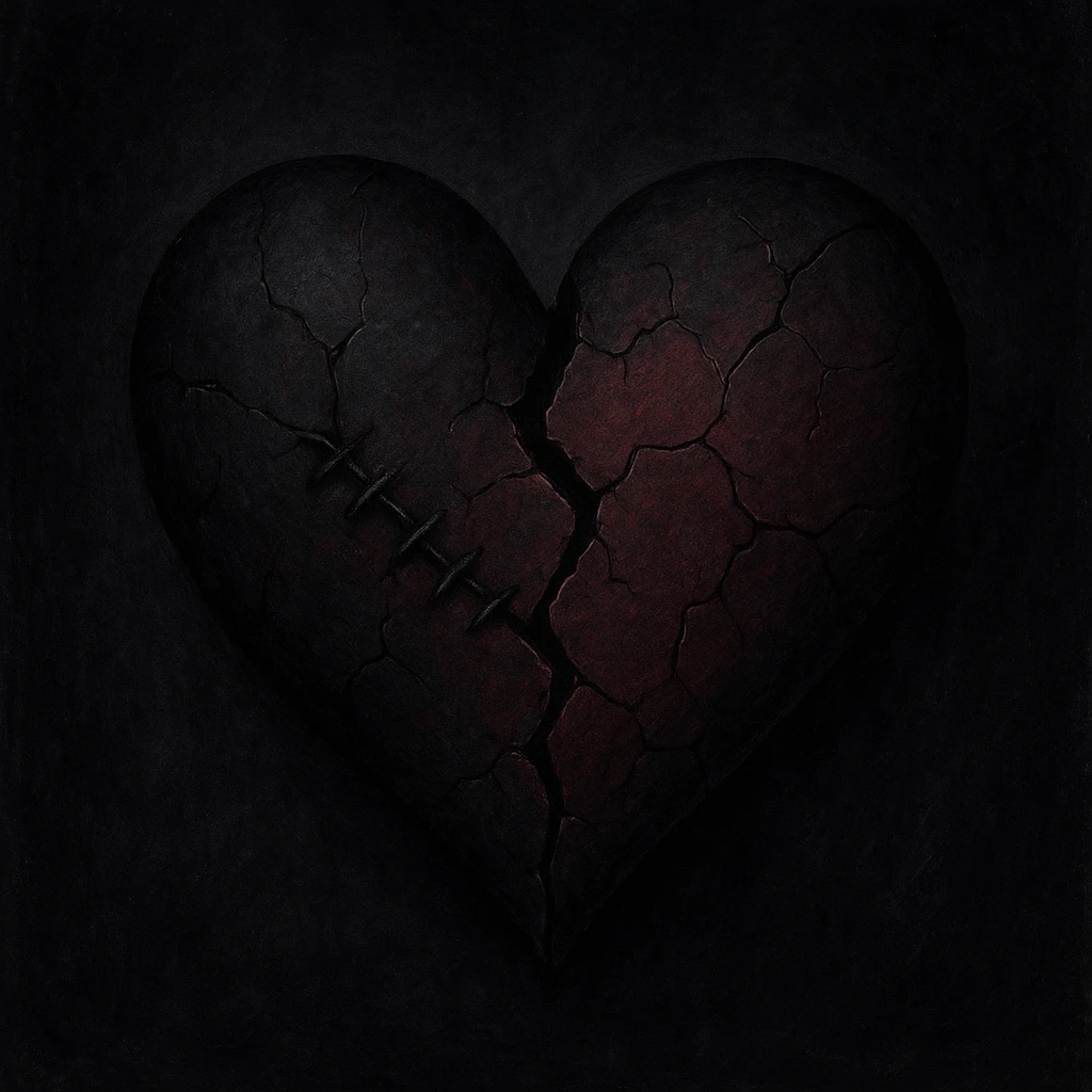 emo heart, black and deep red colors, stitched texture, broken or cracked appearance, moody atmosphere emoji